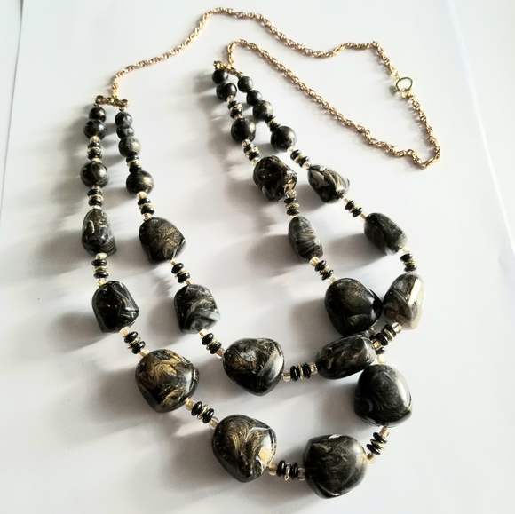 Vintage Jewelry - Vintage necklace two strand gold tone black swirled gold chunky multistrand